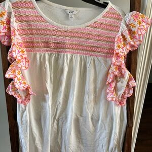 Crown & Ivy White Top with Pink and Gold Embroidery